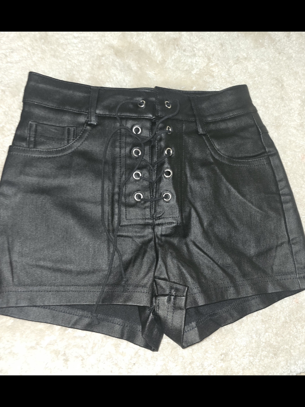 High-Waist Black Lace-Up Women's Leather Shorts